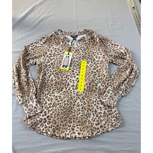 Buffalo David Bitton Womens Cozy V-Neck Top Leopard Print Balloon Sleeve NWT S